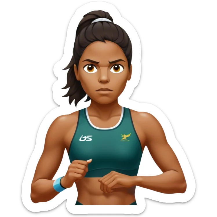 Cinematic Realistic portrait of Cathy Freeman, shown as an iconic Australian athlete with a focused, determined expression and modern athletic attire accented with subtle native motifs, rendered in dynamic, vibrant lighting sticker