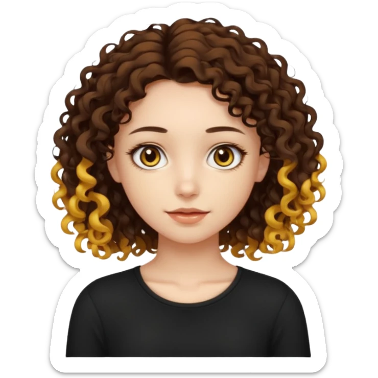 Pretty girl, mi-long brown little-little yellow curly 3b, with black top, dark brown eyes no makup, Jolie fille, cheveux curly mi-long marron, et un tout petit peu blond sur les pointe, sticker