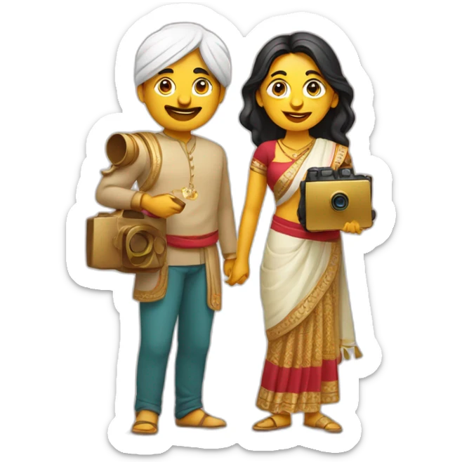 Indian golden modern man and woman with camera in one hand and food in other hand, happy smiling sticker