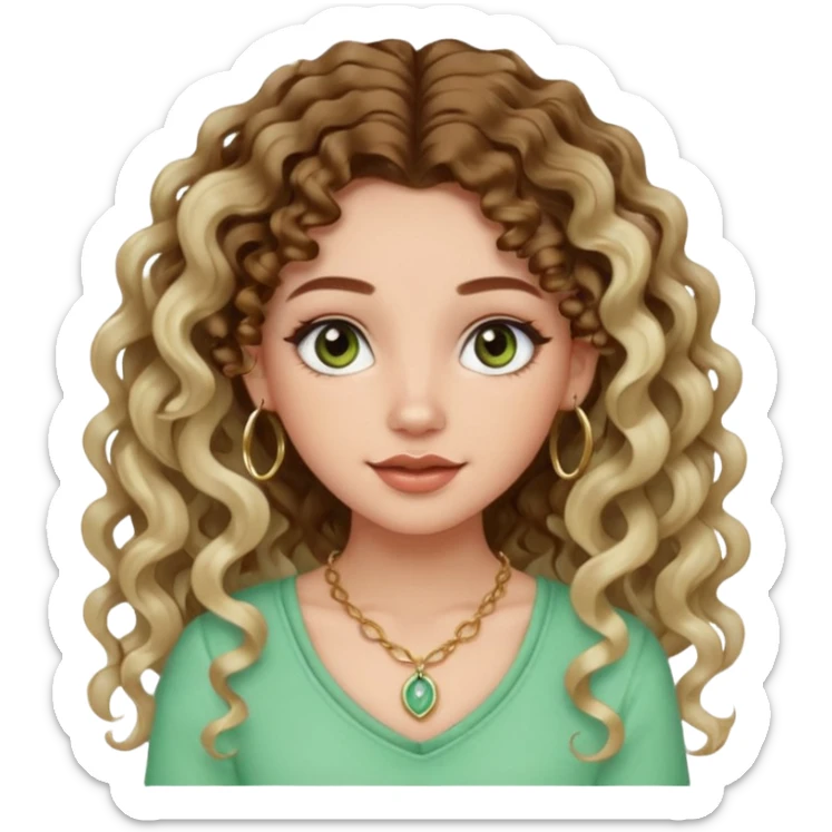 cute girl with not volominous VERY LONG curly/wavy balayage hair brown eyes full lips cute makeup cute necklace and hoop earrings white girl with light green top sticker