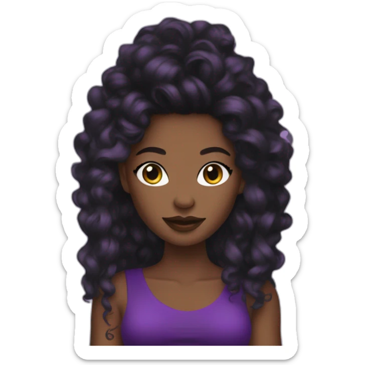 dark black woman in purple fashion y2K crop top with long hair and make up sticker