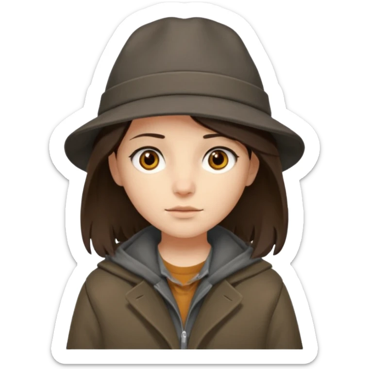 Hobo tomboy with shoulder-length center-parted dark brown hair. brown eyes, dark dull brown coat, grey shirt. sticker