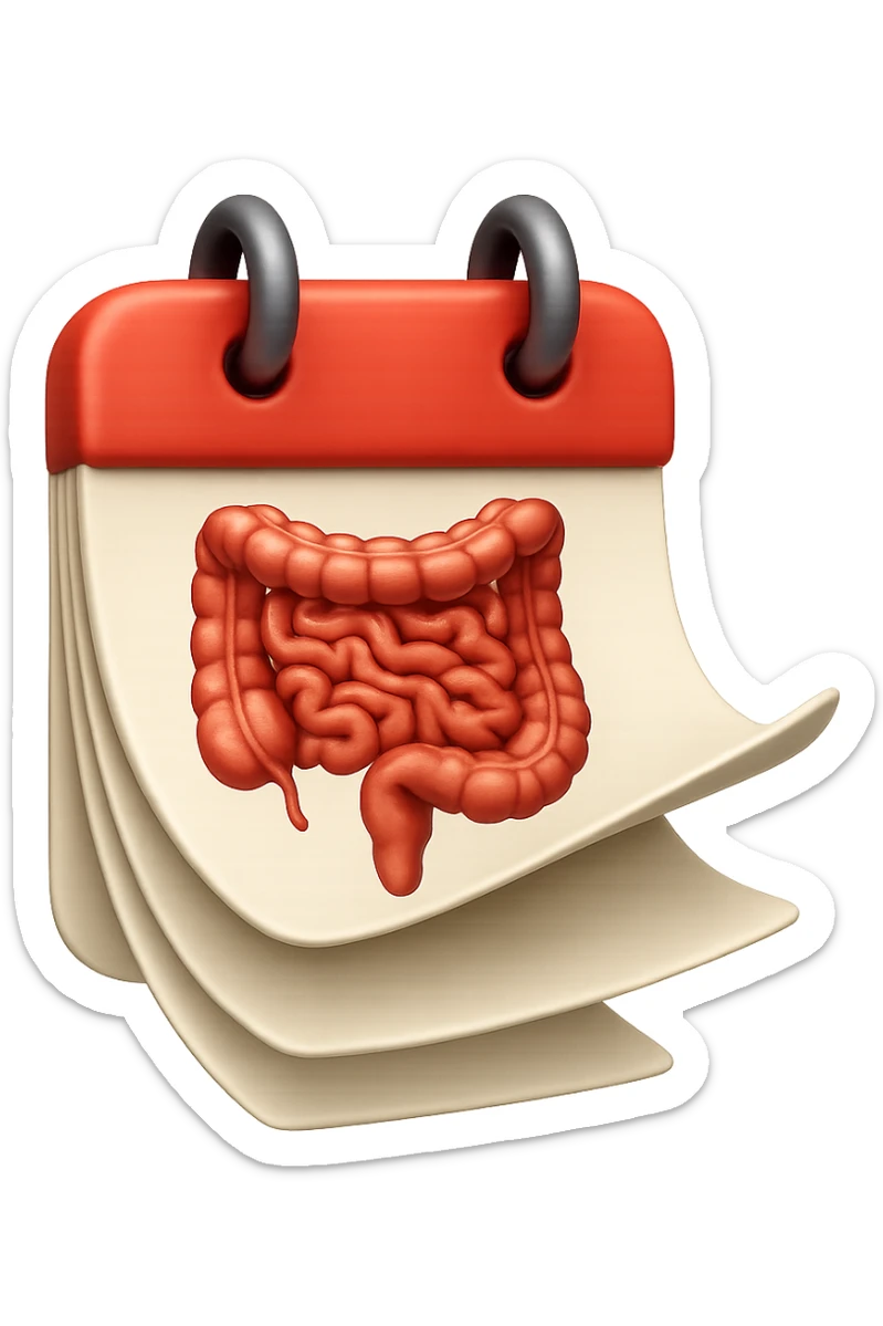 emoji stile iphone di un calendario con fogli che volano insieme, sui fogli ci sono disegnati degli intestini anatomici, iperrealistico 4k, isolato su sfondo bianco sticker