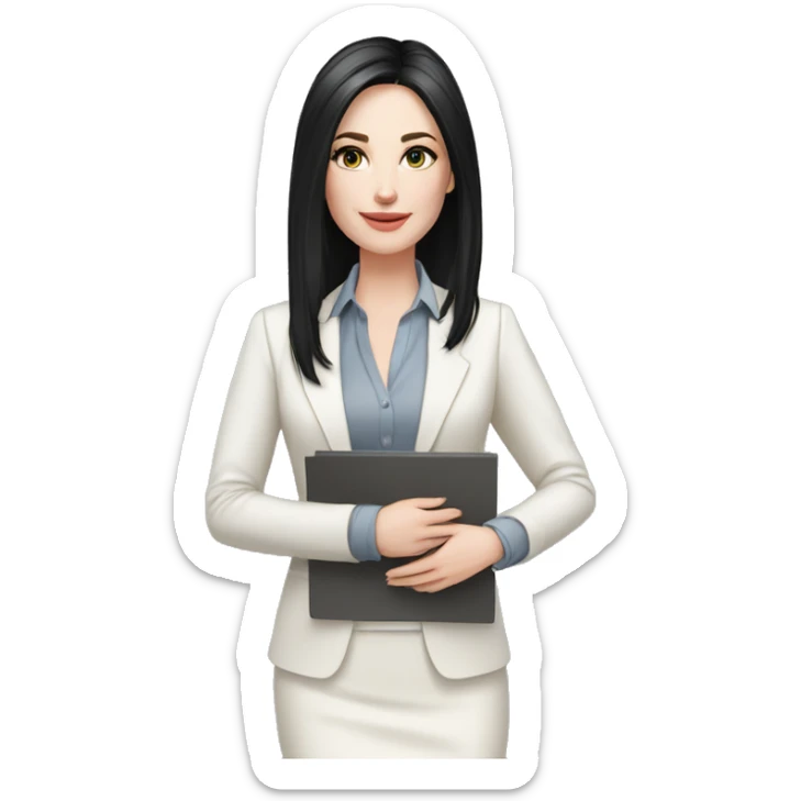 pale skin woman interior designer with cold blonde middle length black straight hair, gray eyes, White classical jacket, blouse, Gray skirt holding a color palette in the hands sticker