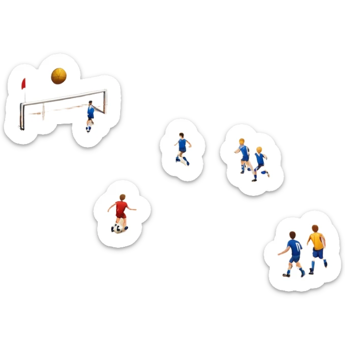 A mini-football match in an indoor sports hall with a wooden floor and clear court markings. The scene captures players in action, with the ball moving towards the goal, and the surrounding bleachers and overhead lights adding to the atmosphere of a competitive game. sticker