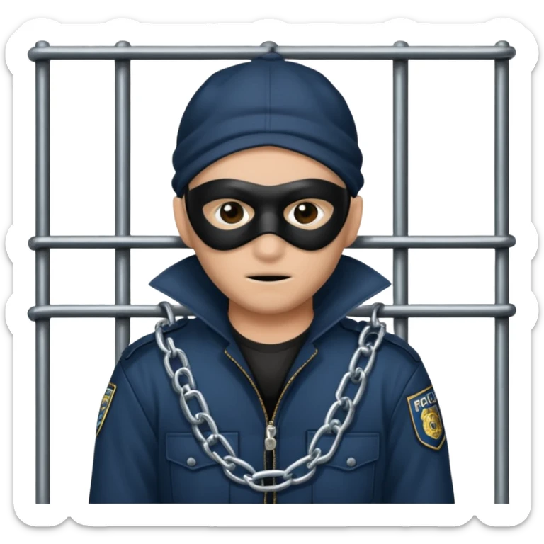 emoji of a thief behind bars with a lock, police, chains, mask, and prison elements, clear and expressive style sticker