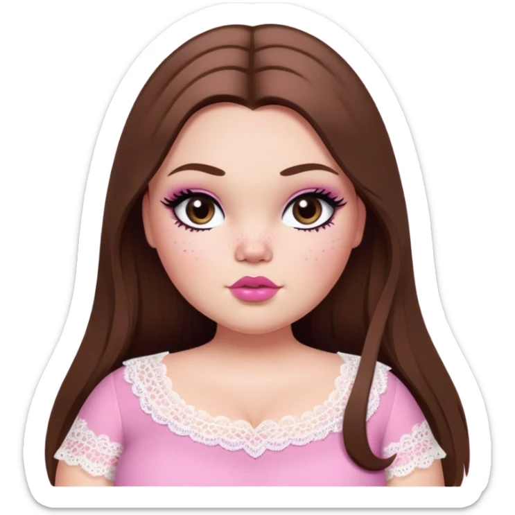 big fat plus size, pretty bratz girl, brown straight hair, freckles, dark brown eyes, pink lips, black eyeliner, pale skin, cute lace girly clothes sticker