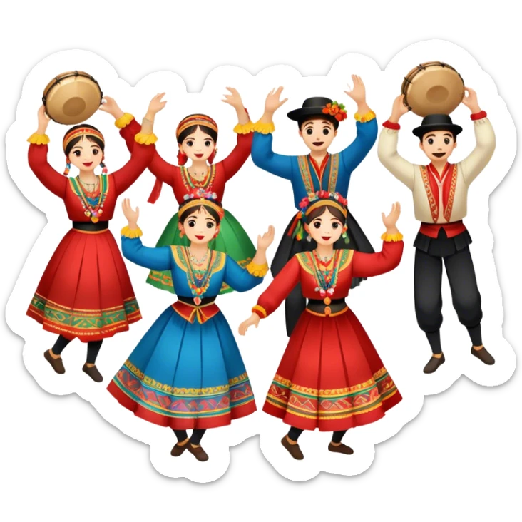 Icon for Folk Dance: a group of men and women 4-5 persons in vibrant national costumes, performing a traditional dance. Some dancers hold castanets and tambourines, capturing the energy and cultural heritage of folk dance. Transparent background. sticker