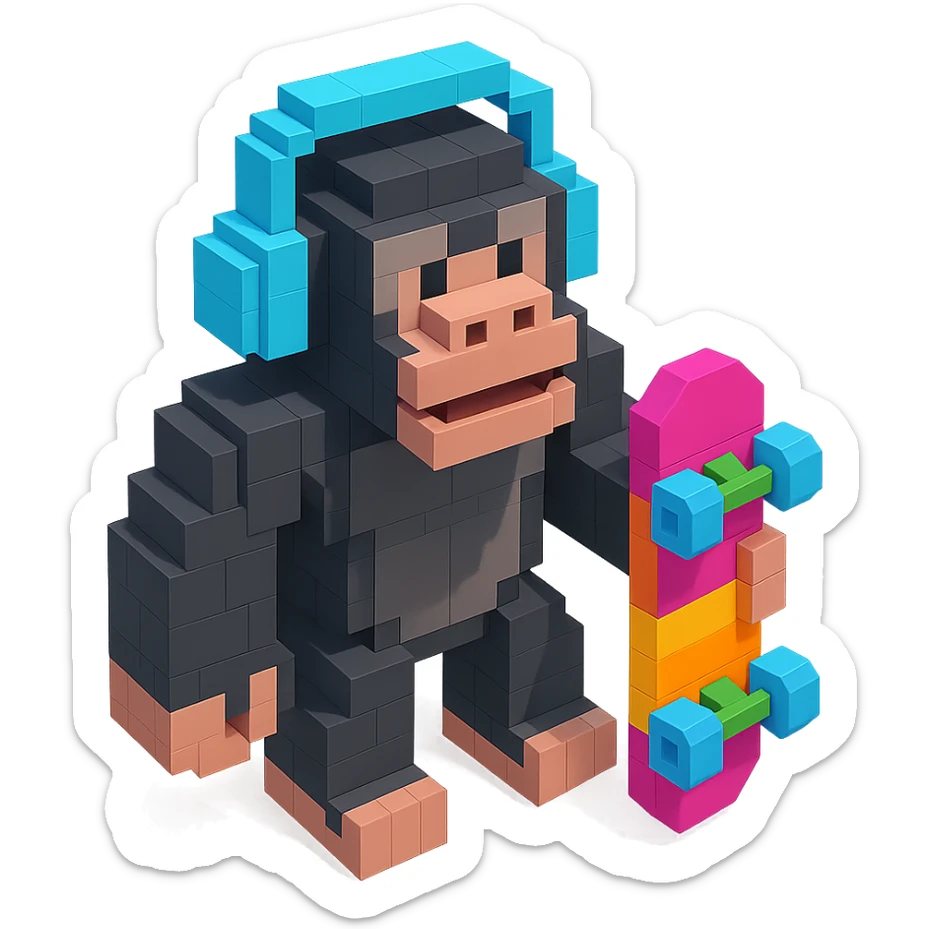 gorilla with headphones holding a skateboard, isometric view, voxel style sticker