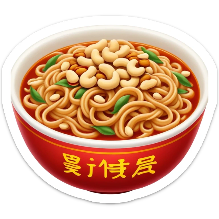 Chongqing Xiaomian spicy noodles with red oil and peanuts, simplified emoji style with bold outlines and bright colors, cartoon style Sichuan street food sticker
