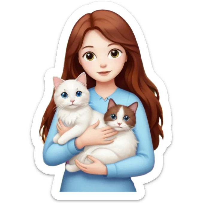 A woman with long dark auburn hair holding a white ragdoll cat in the garden of flowers sticker