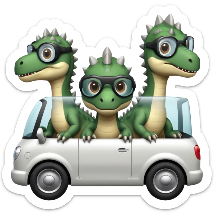 Tres dinosaurios bebés grises subidos en un carro tecnológico blanco con lentes de realidad virtual sticker