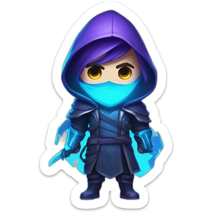 Riot Games Valorant Omen Male neon blue eyes glowing bright blue Video game character blue purple hooded assassin themed character shrouded wraith sticker