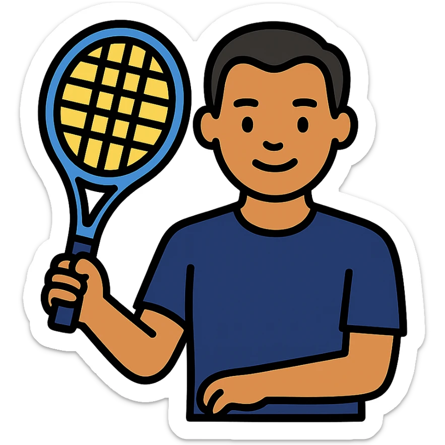 light brown skinned male tennis coach, short straight black hair with widow's peak, oval face, small eyes, smiling, holding blue Yonex tennis racket, wearing dark navy blue dry fit shirt sticker