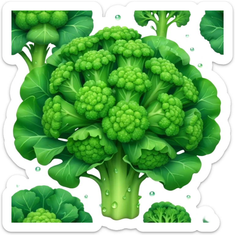 Cinematic lush green broccoli, detailed florets glistening with dewdrops, ultra-fresh and vibrant, soft glowing background, healthy and delicious. sticker