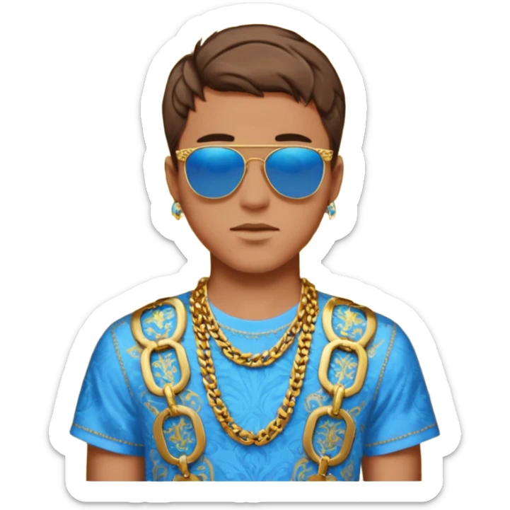 fashionable young man emoji with short brown hair, sunglasses on head, ornate blue and gold Versace shirt, chain necklace, jeans sticker