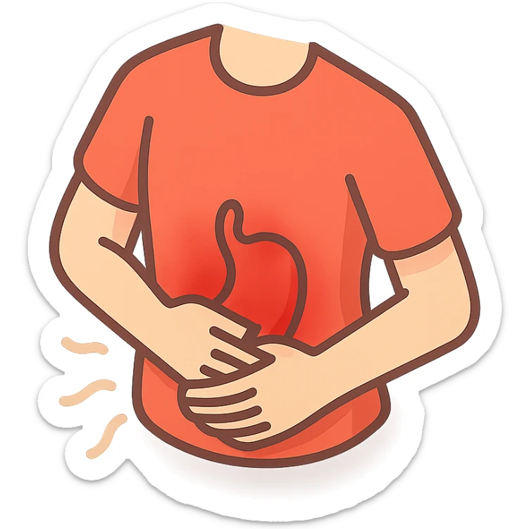 close-up of a painful stomach, only stomach and hands holding it, waves showing pain, detailed shadows and highlights, no face or legs, transparent background sticker