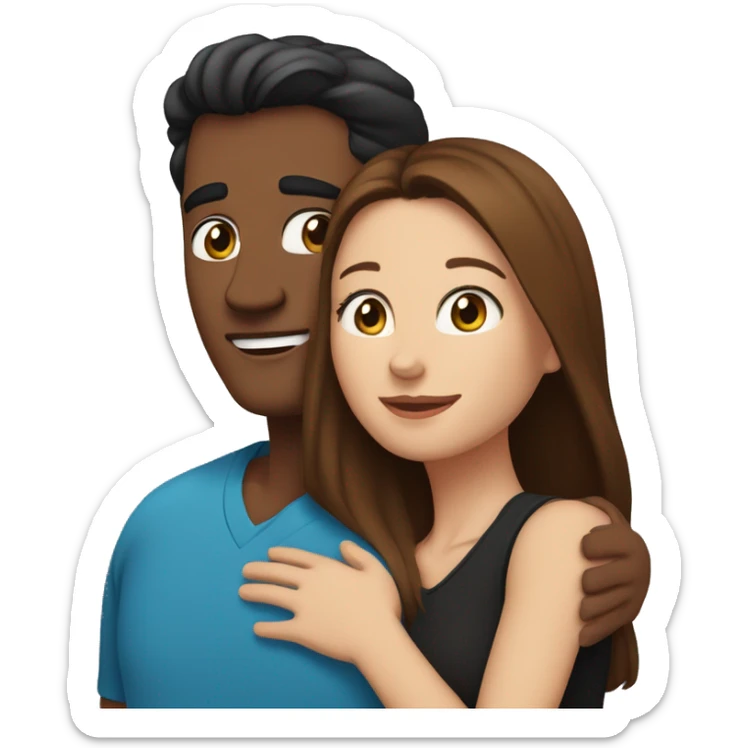 Couple embracing with arms around each other; white woman with blue eyes and brown hair, Indian man with black hair  sticker