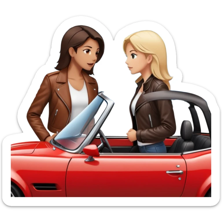 woman standing outside sports car talking to man inside sports car with window down sticker