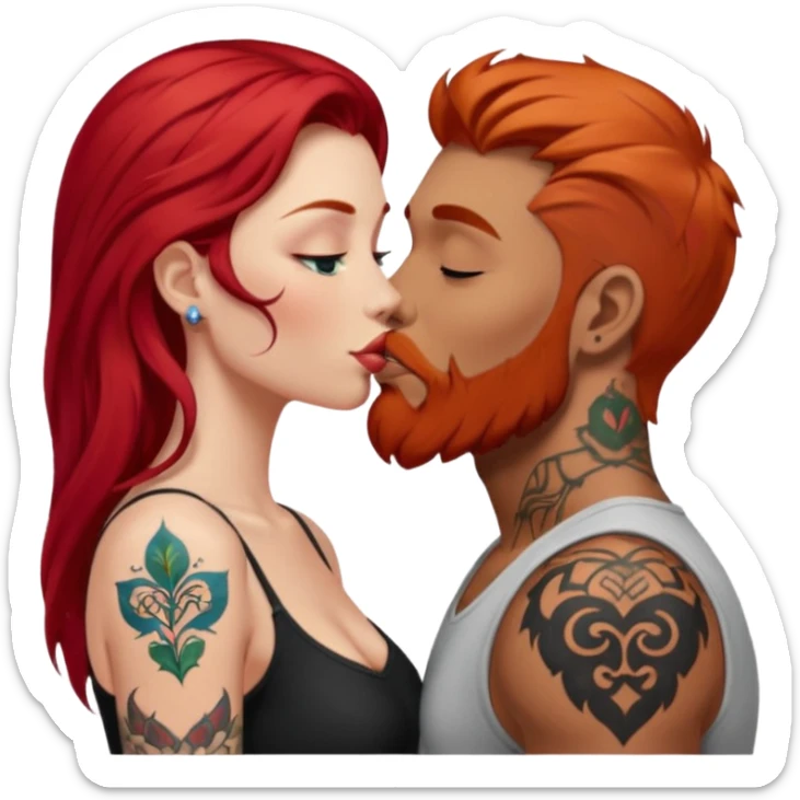 Long red hair woman with white skin kissing man with tan skin, short black hair, beard, & tattoos sticker