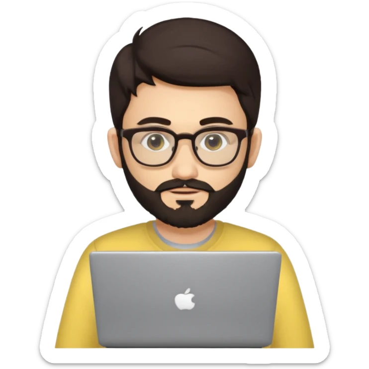 23 year old Azerbaijani man with very dark brown hair and beard with glasses and laptop , light yellow skin face sticker
