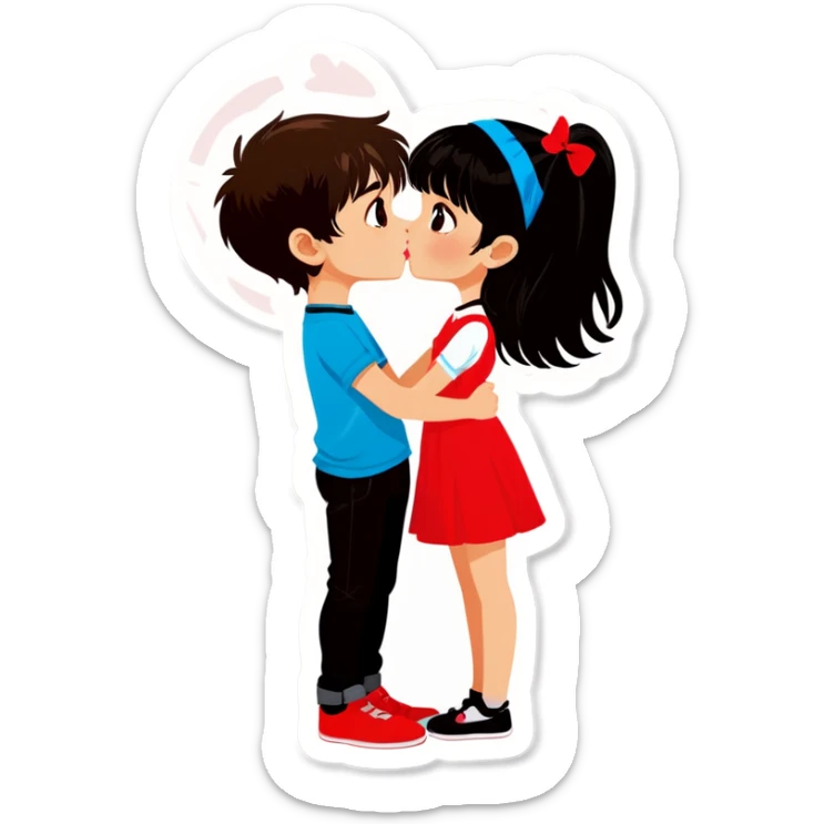 Boy with brown hair and girl with black hair and bangs, kissing sticker