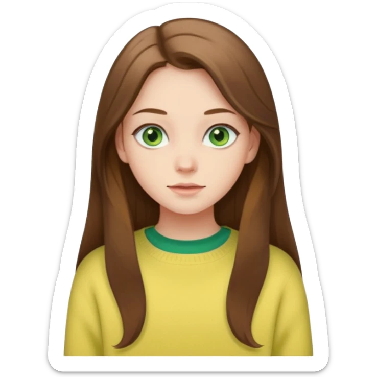 please create an emoji of a semi pale girl with long brown hair, green eyes, wearing a pastel yellow sweater sticker