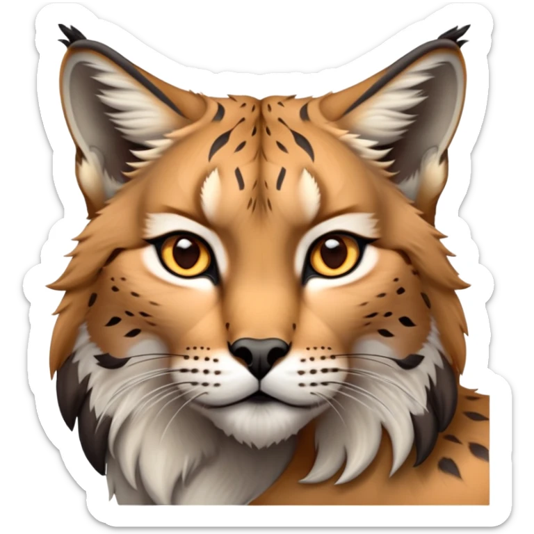 Cinematic-Noble realistic-Lynx-Portrait-Emoji – Poised and regal, with a strong, agile build and a strikingly patterned fur of warm tawny fur accented by bold black ear tufts, deep-set, intelligent amber eyes, simplified yet sharp and sophisticated. zoomed out to show shoulders sticker