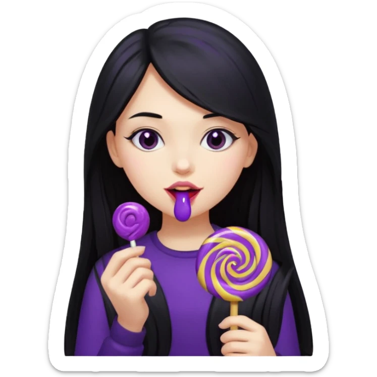 girl with long black hair, black clother with eating disorder purple sweet food sticker