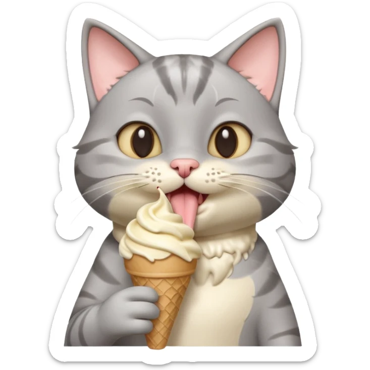 cute gray cat portrait, head and shoulders only, licking an ice cream cone, funny happy expression, 3D cartoon, mobile game icon style, clean background, no text, no watermark
 sticker