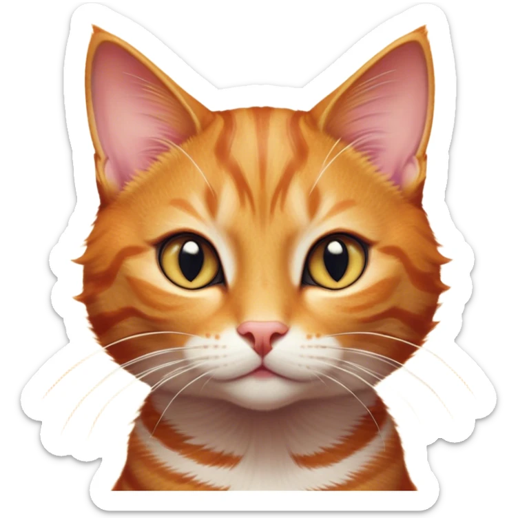 Cinematic Cute Ginger Tabby Cat Portrait Emoji, Head tilted playfully and inquisitively, sleek orange-brown fur with bold tabby stripes and a distinctive M-shaped marking on the forehead, sparkling amber eyes, Simplified yet irresistibly adorable features, highly detailed, glowing with a warm, friendly glow, high shine, affectionate and curious, stylized with a touch of whimsy, bright and endearing, soft glowing outline, capturing the essence of a mischievous yet loving kitten, so playful it feels like it could pounce out of the screen and into your arms! sticker
