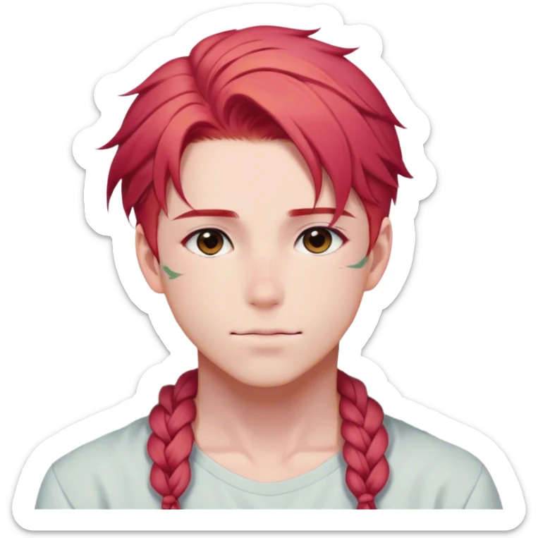 Gorgeous pastel red hair with a thin braid on the side anime style handsome sexy gojo guy with blushing face and flowers aesthetic trending style outside sticker