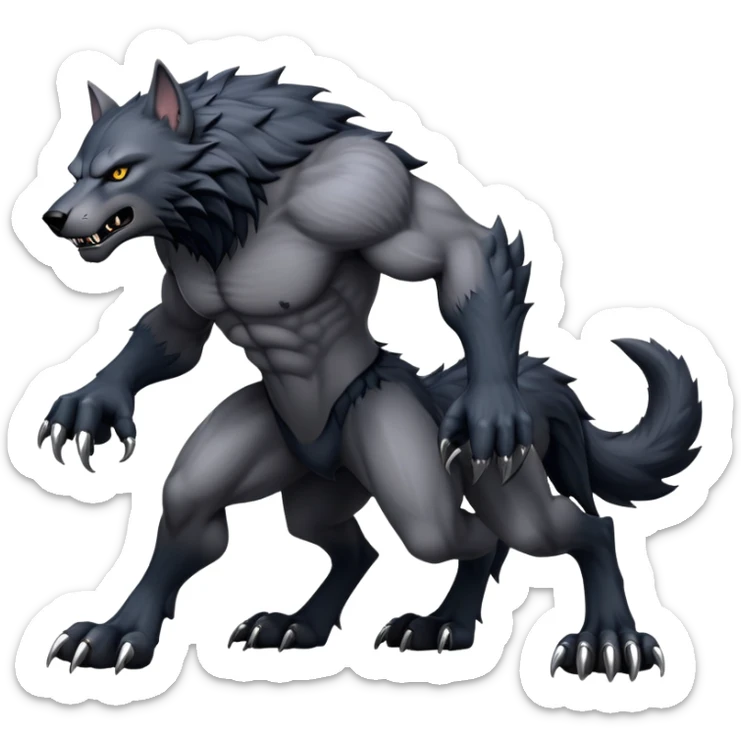 cinematic-noble-fierce-werewolf-full body on all fours-emoji, poised-and-imposing, with a tall, lean, and muscular wolfish frame inspired by the brutal, imposing shape of the beast from Berserk, fur rippling in shades of midnight black and silver, massive paws with razor-sharp claws, elongated limbs and fangs, eyes glowing with an intense, primal ferocity, reflecting the untamed power of the wild moonlit night; rendered with realism like a wolf hunched over sticker