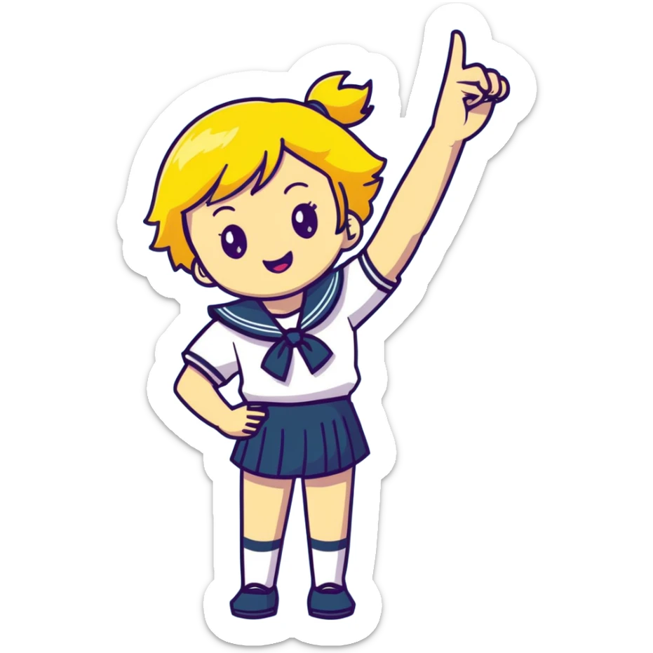 Anime girl with short bright yellow hair wearing Japanese sailor style school uniform, composed posture with hand on hip but energetically waving with other hand, excited smile and happy eyes sticker