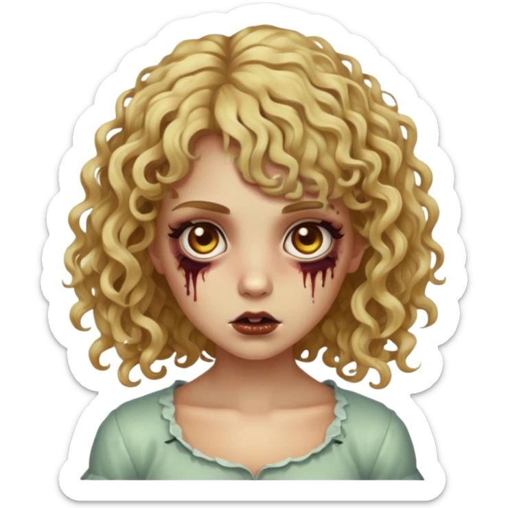 uma garota zumbi de cabelo cor loiro mel forte, olhos castanhos escuros, o cabelo dela é cacheado e ela tem uma franja cacheada  sticker