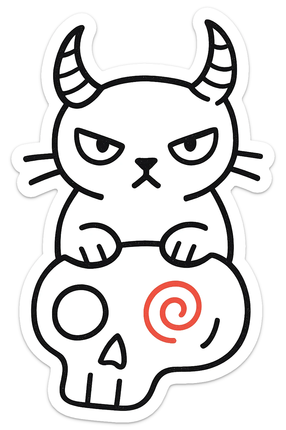 Remove the lollipop from the cat's horn, hand drawn style with sketchy lines, no fill, preserve the red spiral on the skull, transparent background. sticker