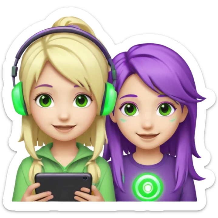 Make a blonde girl with green glowing headset on and a purple haired girl haveing fun , make them a chibi emoji page sticker