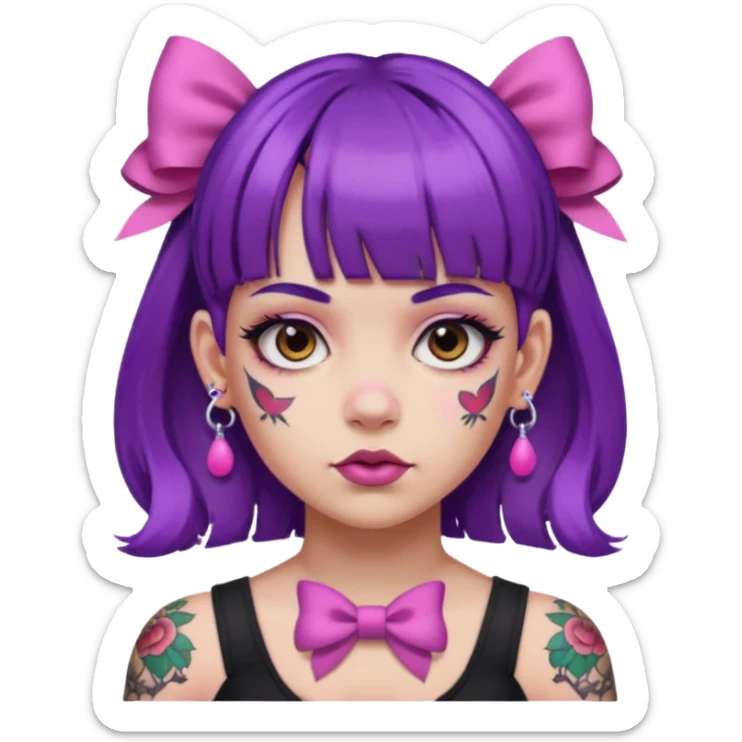 girl with bangs and purple hair and pink hairbow on the side of head and earrings and very heavy face tattoos sticker