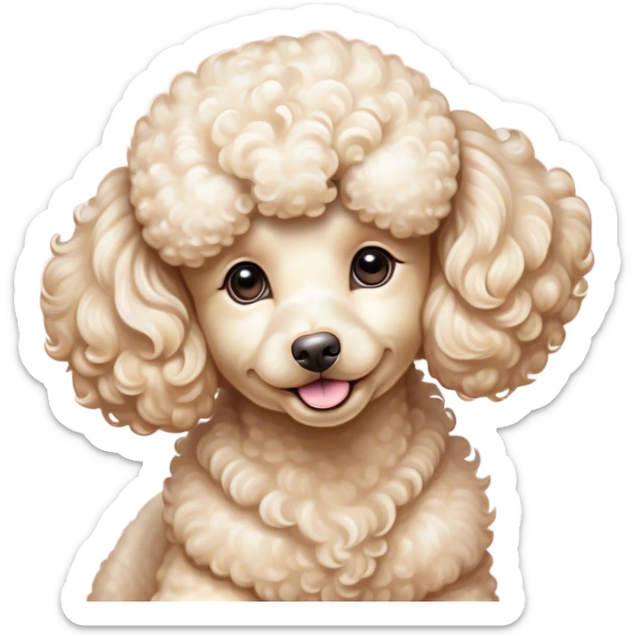 Cinematic Cute Cream Poodle Portrait Emoji, Head tilted playfully and inquisitively, showcasing a bouncy, curly cream Fur with a luminous sheen, round, sparkling warm eyes filled with curiosity, Simplified yet irresistibly adorable features, highly detailed, glowing with a warm, friendly glow, high shine, affectionate and lively, stylized with a touch of whimsy, bright and endearing, soft glowing outline, capturing the essence of a mischievous yet loving companion, so playful it feels like it could bounce out of the screen and into your arms! sticker
