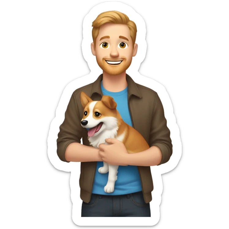 A guy with blue eyes and light brown hair is holding a corgi dog that smiles with his tongue sticking out sticker