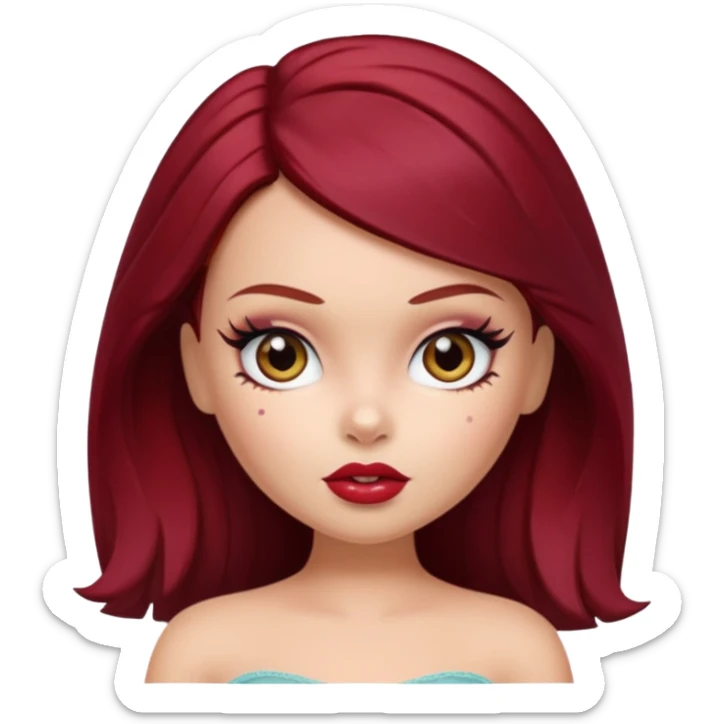 Bratz doll with dark red hair and a beauty mark above lip sticker
