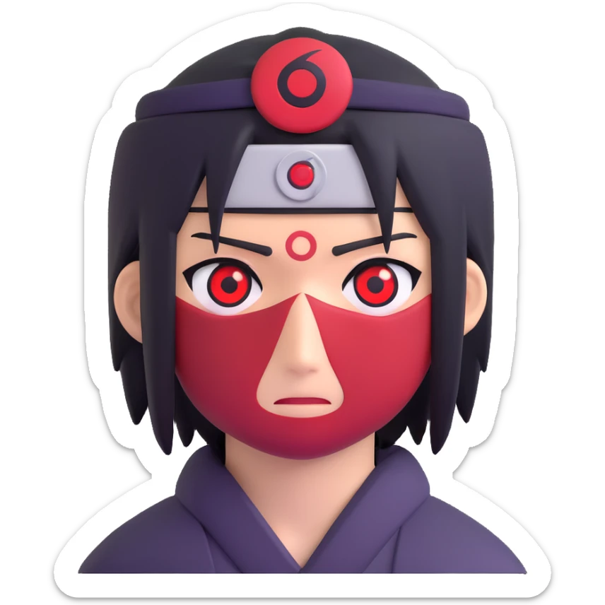 Itachi Uchiha themed emoji focusing on Mangekyou Sharingan eyes and headband with a scratch, modern emoji style sticker