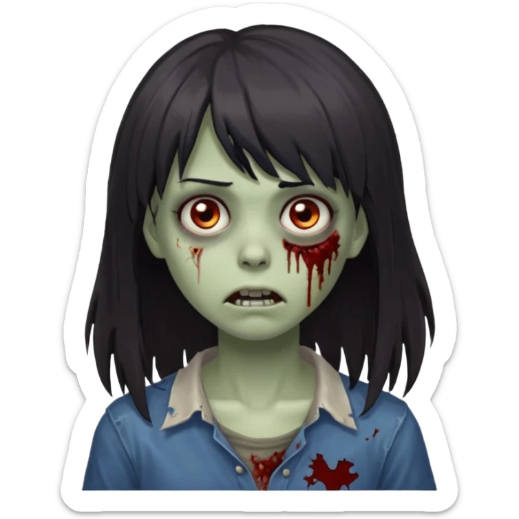 zombie girl dark hair long her shoulders bangs and ragged haircut gray eyes sticker