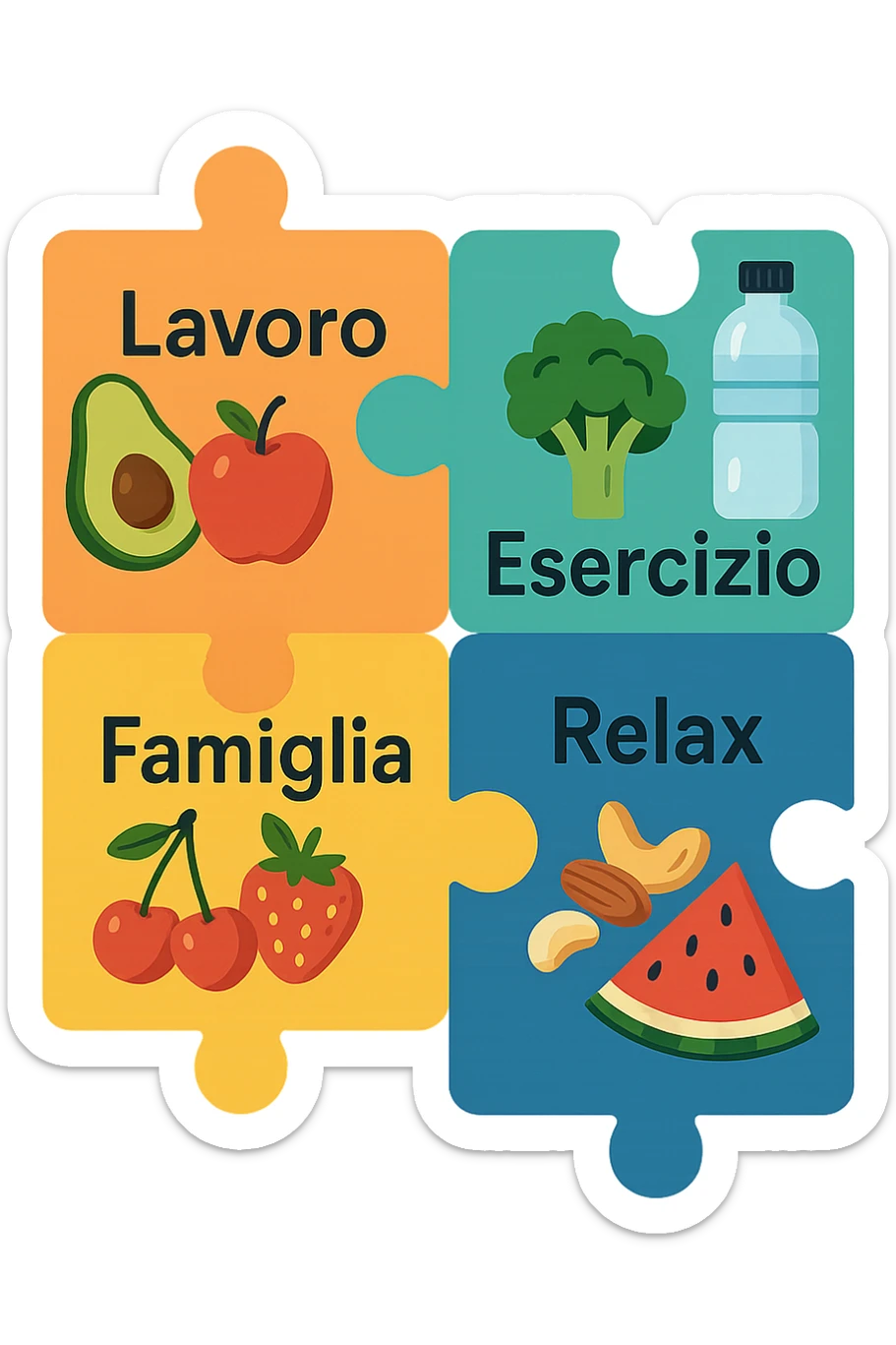 Puzzle (Lavoro, Esercizio, Famiglia, Relax), and healthy foods are integrated into each piece. in italiano sticker