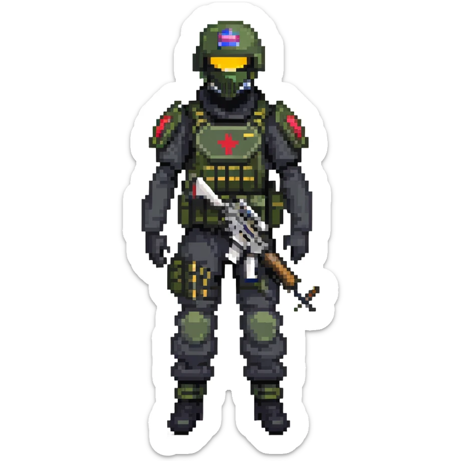 armed figure in all-black military clothing, shiesty mask, and helmet sticker