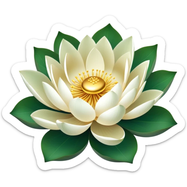 Lotus flower in full bloom with white petals and golden center, round green leaf sticker