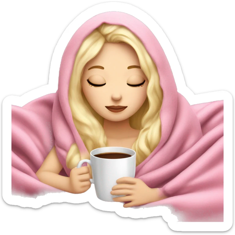 white blonde girl inside a pink blanket sipping coffee eyes closed sticker