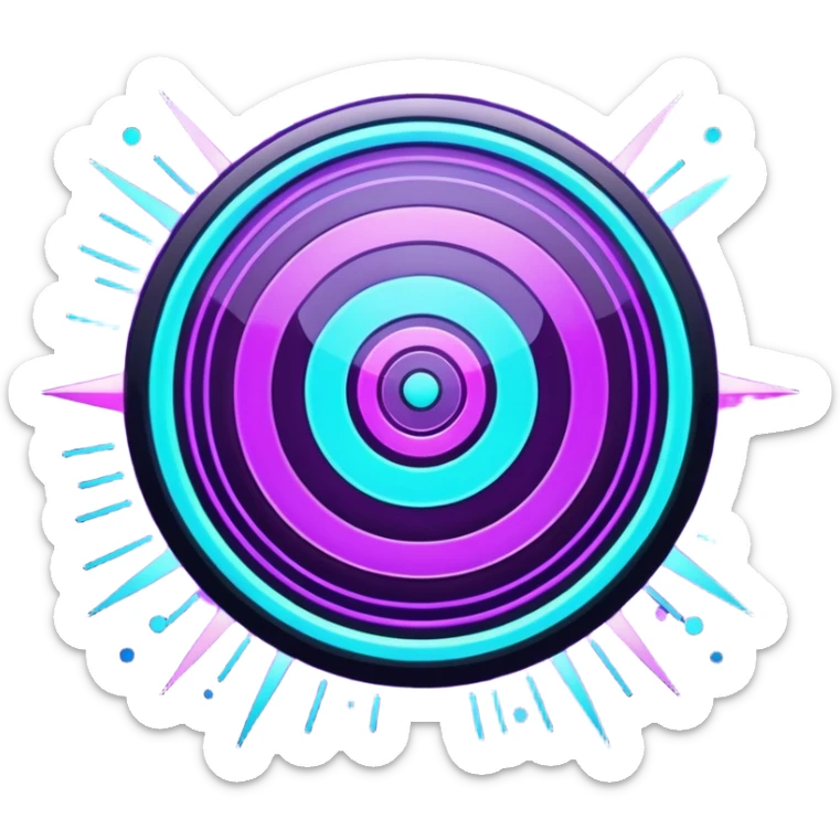 Futuristic glowing bullseye target emoji, neon purple and cyan holographic glow, dark background, digital tech style, abstract sparkles, no face. sticker