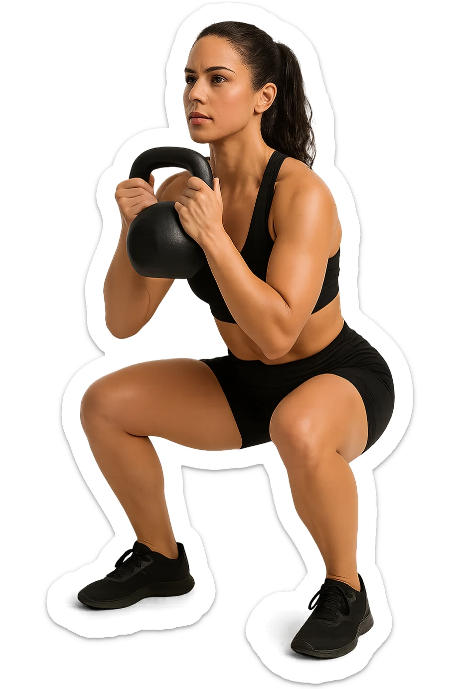 donna fitness in forma con kettlebell mentre fa uno squat, isolata su sfondo bianco sticker