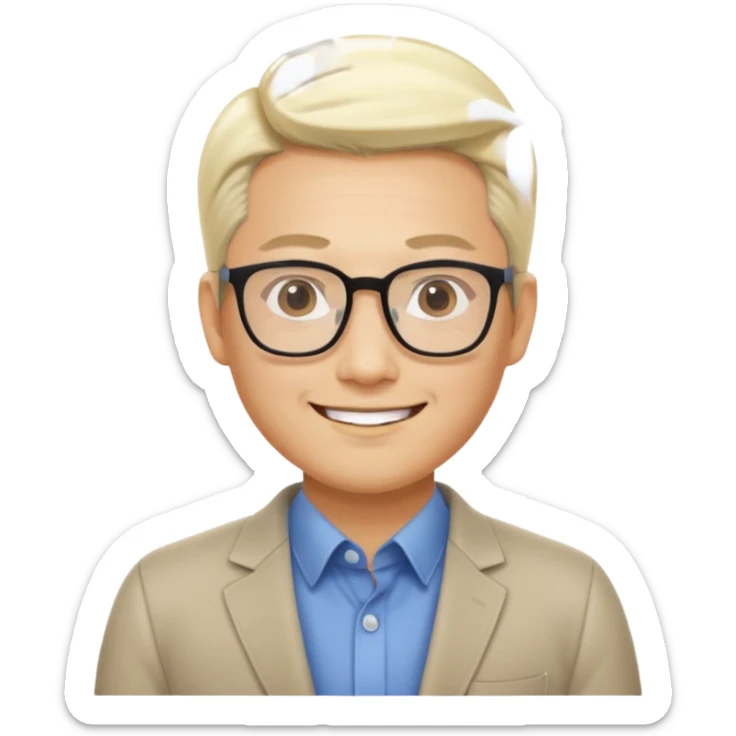 35-year-old Asian man, consultant, big glasses, short blond hair slicked back, smiling eyes sticker